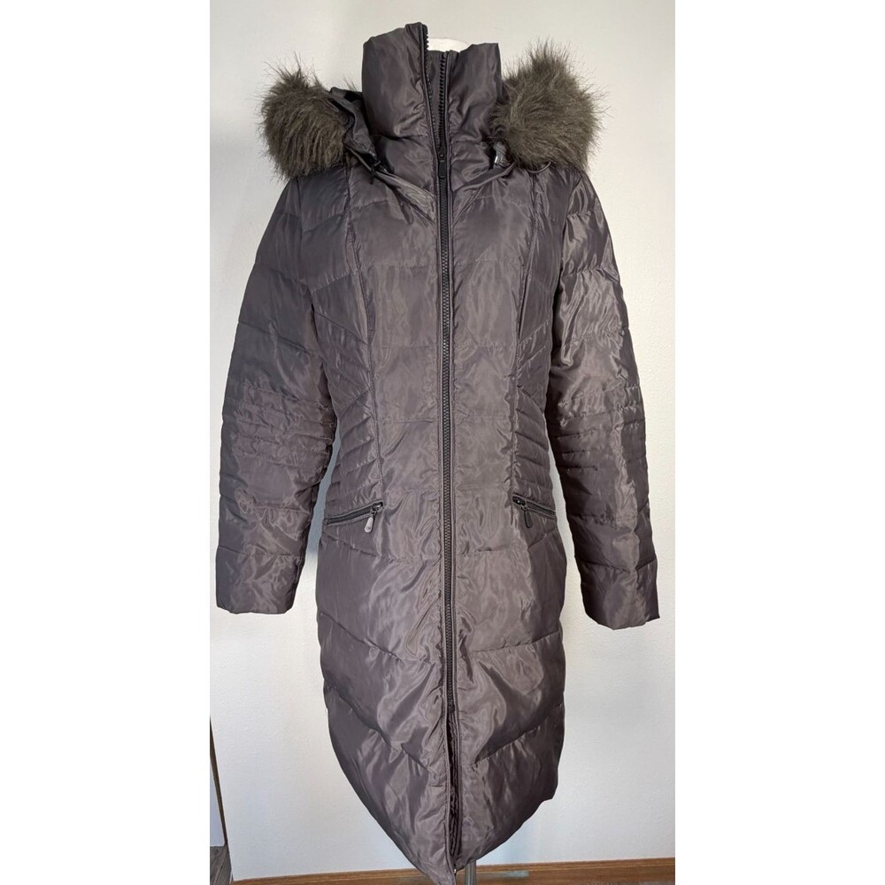 1 Madison Long Puffer Coat Womenโs M Down Blend Grey Hooded Faux Fur Trim
